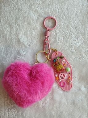 Pink Fuzzy Heart Junk Keychain with Decorative Pink Peace McDonalds Bag Charm
